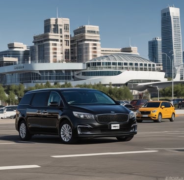 Passengers are seated inside a vehicle with green seats visible. The reflection on the window shows people standing outside, along with the facade of nearby buildings featuring classic architecture. A woman wearing a white hat sits among the passengers, adding a touch of elegance to the scene.