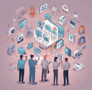 Three dark blue rectangular blocks are stacked on top of each other against a vibrant blue background. In front of them, an outline of a smartphone with a neon green-blue hue is situated. The lower left corner features text that reads 'Governance by the People' next to a logo composed of small stacked rectangles. Another abstract logo is placed in the lower right corner.