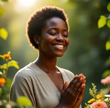 A smiling woman holding prayer hands, beaming with gratitude