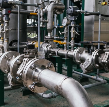 Industrial stainless steel piping and ball valves in a chemical processing plant facility.