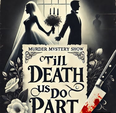 Vintage murder mystery show poster for Till Death Us Do Part featuring a bride, groom, and bloody knife.