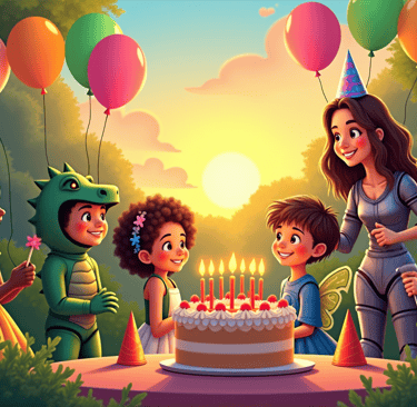 Illustration de fête d'anniversaire avec déguisements, ballons et animatrice