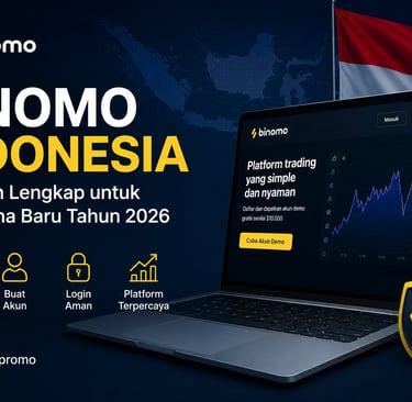 Ilustrasi panduan Binomo Indonesia untuk pengguna baru dengan website resmi dan platform trading.