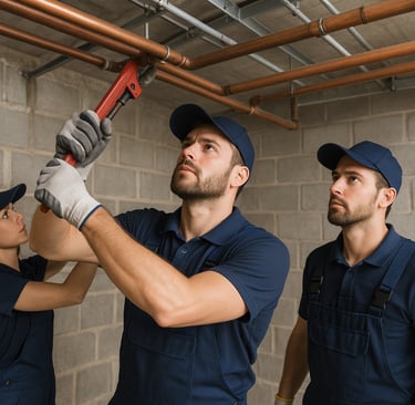 Team of New Westminster plumbers maintaining pipes in a commercial building.