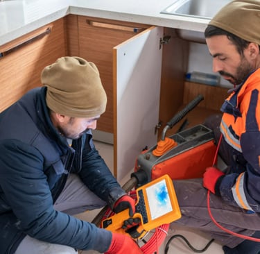Two plumbers using a camera system to inspect a kitchen drain.