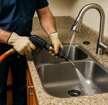 Plumber using hydro jetting hose to clean kitchen sink drain, modern kitchen setting.