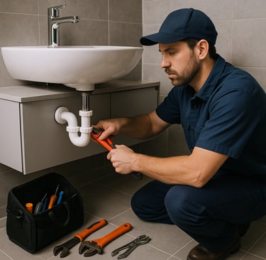 A plumber repairs sink piping with tools neatly arranged in a modern bathroom.