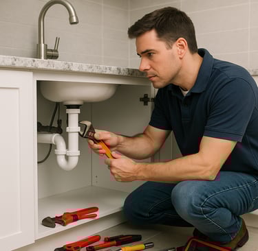 A focused plumber in a navy shirt kneels under a modern kitchen sink, tightening white PVC pipes.
