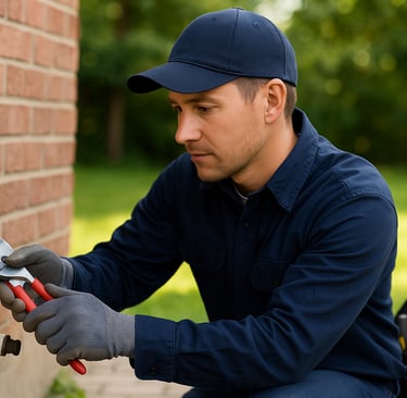 A plumber in a blue shirt is holding a wrench repairing a tap outside a Surrey home.