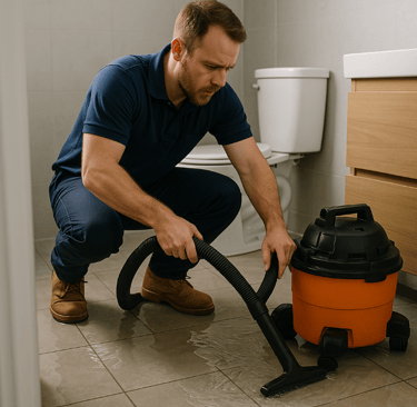 Plumber responding quickly to a flooded bathroom, using a wet vac.
