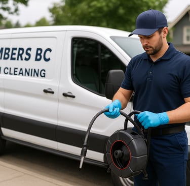 A plumber in a blue shirt and gloves standing besides service van.