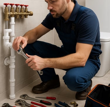 A plumber tightens bathroom pipes with organized tools neatly arranged on floor.