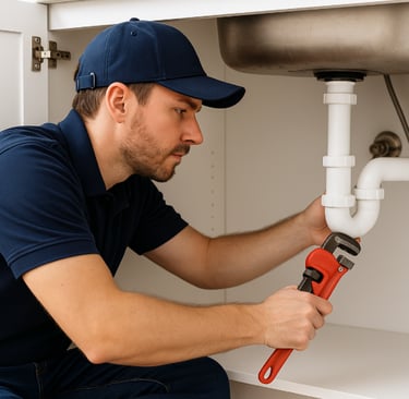 A Kamloops plumber tightening a pipe under a cabinet.