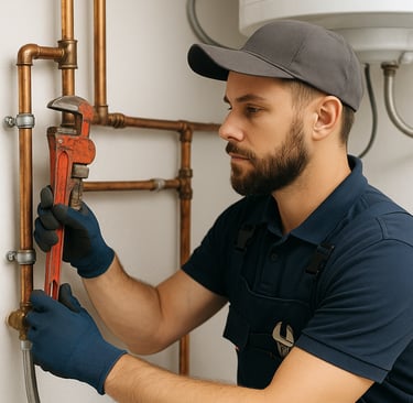 A professional plumber in blue uniform works under a modern kitchen sink.
