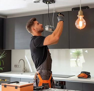 Electrician replacing kitchen ceiling lights and upgrading wiring.
