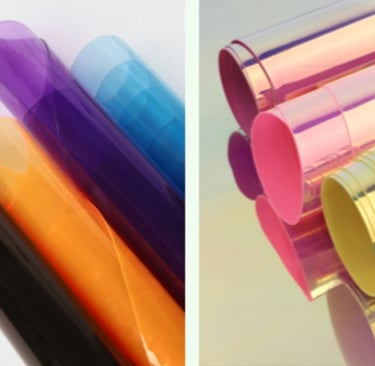 Rolls of clear and colorful PVC, EVA, and TPU materials, waterproof and modern.
