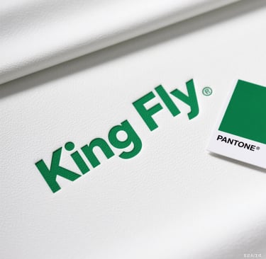 Crisp screen printing of the King Fly logo, showcasing vibrant PMS color matching.