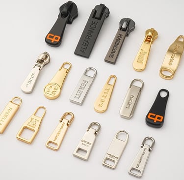 A collection of sleek and metallic custom zipper pullers, fully customizable by King Fly.