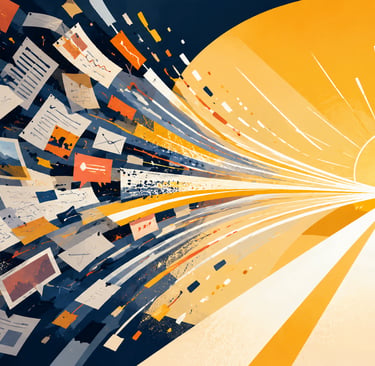 Abstract digital art of documents and data streaming toward a bright rising sun and open road.