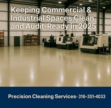 Precision Cleaning technician disinfecting a warehouse floor in Wichita using OSHA‑approved methods.