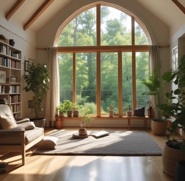 A serene landscape featuring a tranquil forest with sunlight filtering through the trees, symbolizing peace and connection with nature.