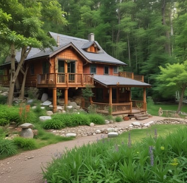 A serene landscape featuring a tranquil forest path with soft sunlight filtering through the trees.