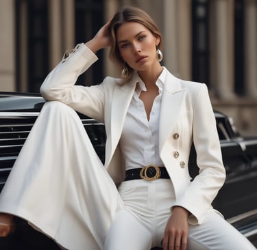 An elegant editorial photo featuring a model in a stylish outfit.