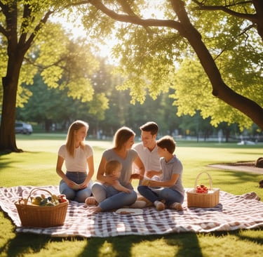 A lifestyle photograph of a family enjoying a picnic in a sunlit park.