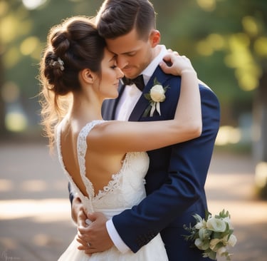 A stunning wedding photograph capturing a couple in a romantic embrace.
