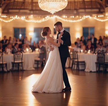 A stunning wedding photograph capturing the couple's first dance in soft, romantic lighting.
