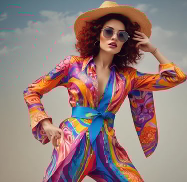 An editorial fashion shoot showcasing vibrant colors and dynamic poses.