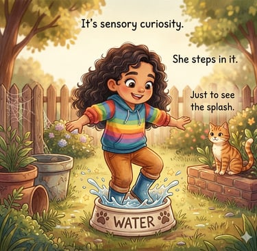 Autistic girl jumping in a puddle to watch the water splash, showing sensory seeking behaviour