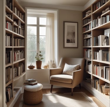 A cozy corner with a reading nook and decor.