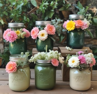 A collection of handmade crafts displayed on a rustic shelf.