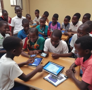 A classroom filled with students engaging with interactive technology and learning tools.