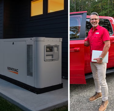 A home standby Generac generator next to a house with Brad Williams next to his truck 