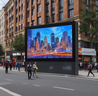 a woman is shown on a large screen in a city