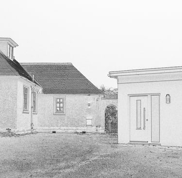 Pencil sketch illustration of a modern luxury home exterior with a detached garage and iron garden bench.