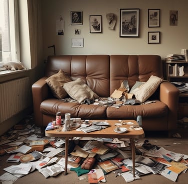 A cozy living room with a messy couch and a half-eaten snack on the table, reflecting a relaxed lifestyle.