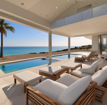 A panoramic view of a luxurious pool area with city lights in the background.
