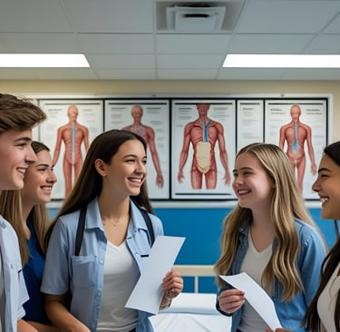 A group of high school health science students playing a back to school icebreaker game
