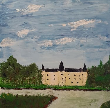Réf : PAY221030. Le château à l'étang. 33x44cm. 90€.