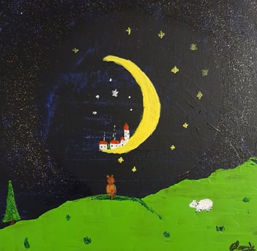 Réf : ENF240113. Chat & étoiles. Carton entoilé, 25x25cm. 20€.