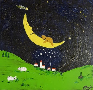 Réf : ENF240128. Nounours & lune. Carton entoilé, 25x25cm. 20€.