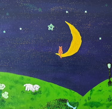 Réf : ENF240421; Chat & lune. Carton entoilé, 30x24cm. 30€