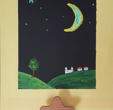 Sur support bois, l21xh30cm, porte pyjama, motif avec incrustations phosphorescentes. 20€