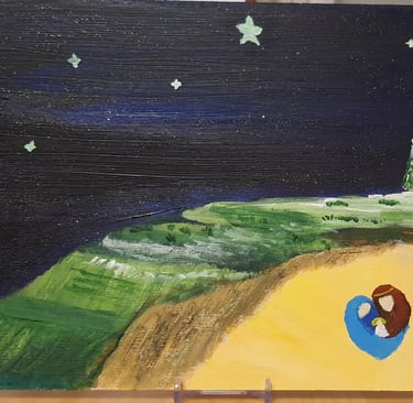 Réf : NAT240901. Grotte de la nativité. Support bois 30x21cm. 40€.