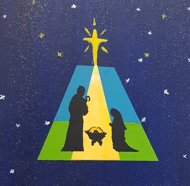 Réf : NAT240903. La nativité étoilée. support bois 21x30cm. 40€.