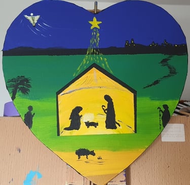 Réf : NAT240906. Au cœur de la nativité. Châssis bois compressé et toile, 29x30cm. 50€.