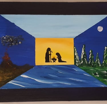 Réf : NAT240911. Nativité et 4 éléments,. support bois 30x21cm. 40€.